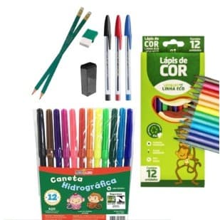 Kit Canetinha 12 Cores, Lápis de 12 Cores, 2 Lápis Preto, 1 Apontador, 1 Borracha, 3 Canetas Esferográficas