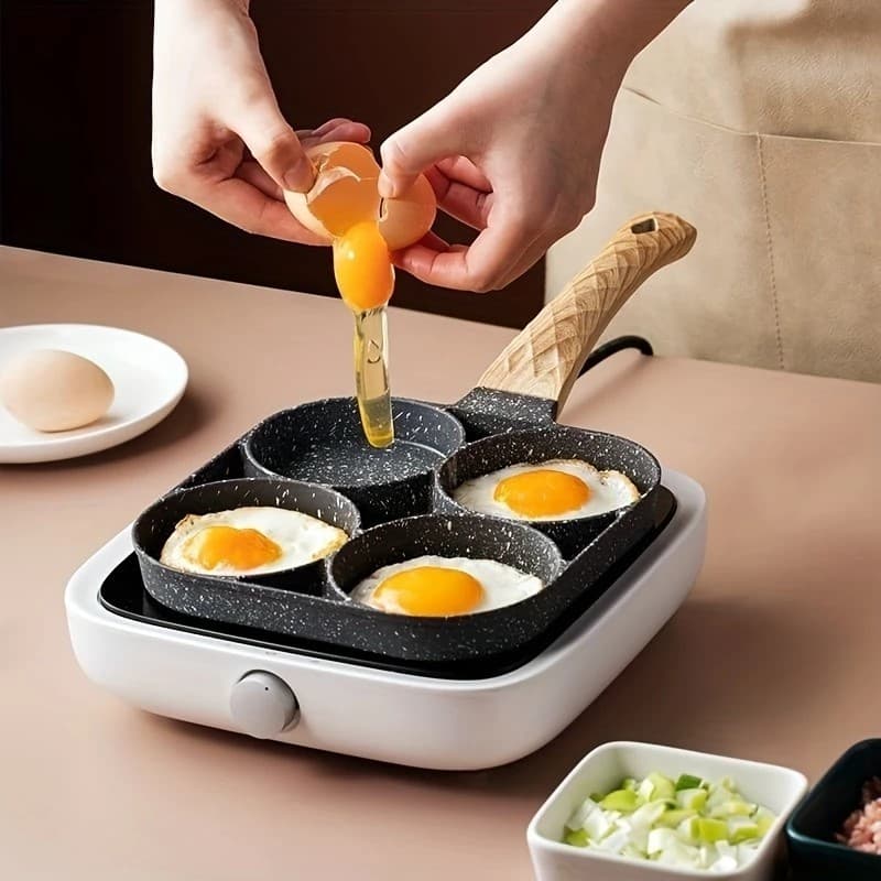 Frigideira Multifuncional Antiaderente 4 Em 1 Para Ovos , Hambúrguer , Omelete , Com Cabo De Madeira