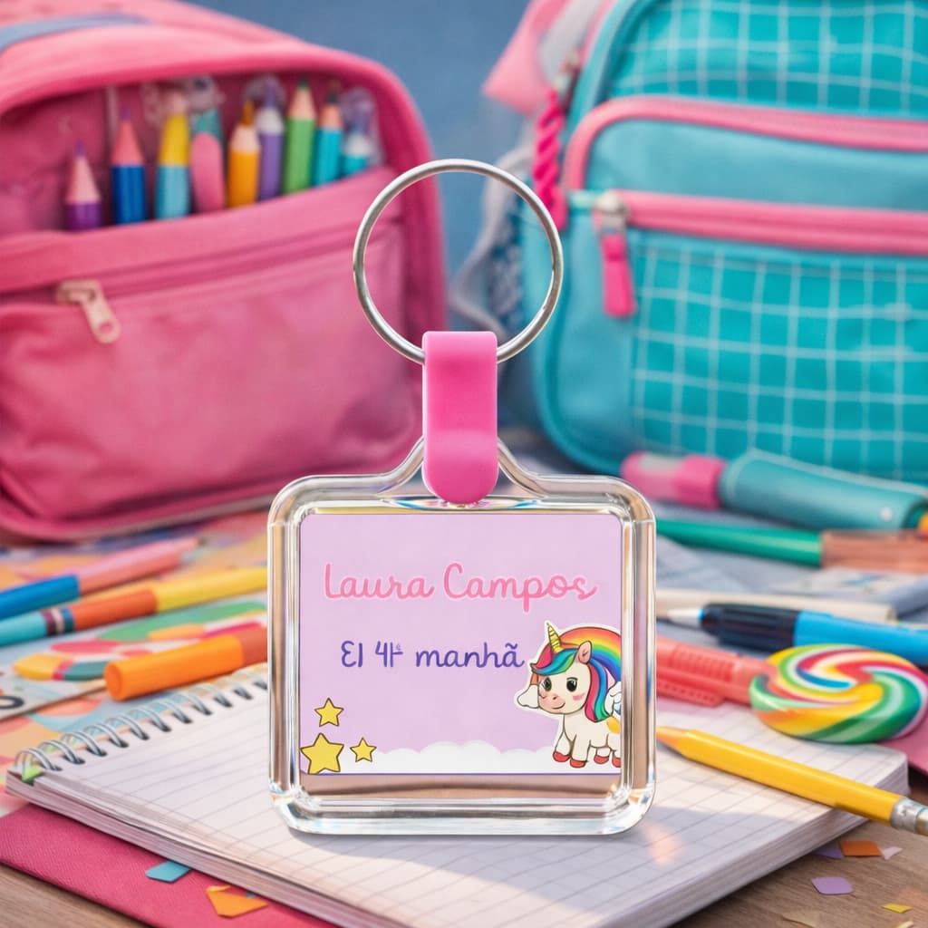 Kit 3 Chaveiros acrílico 3x3 personalizado volta as aulas-FAZEMOS TODOS OS TEMAS- Material escolar-Etiquetas escolares