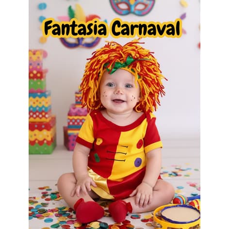 Kit Fantasia Emília Bebê Carnaval Body Temático + Peruca de Lã Infantil