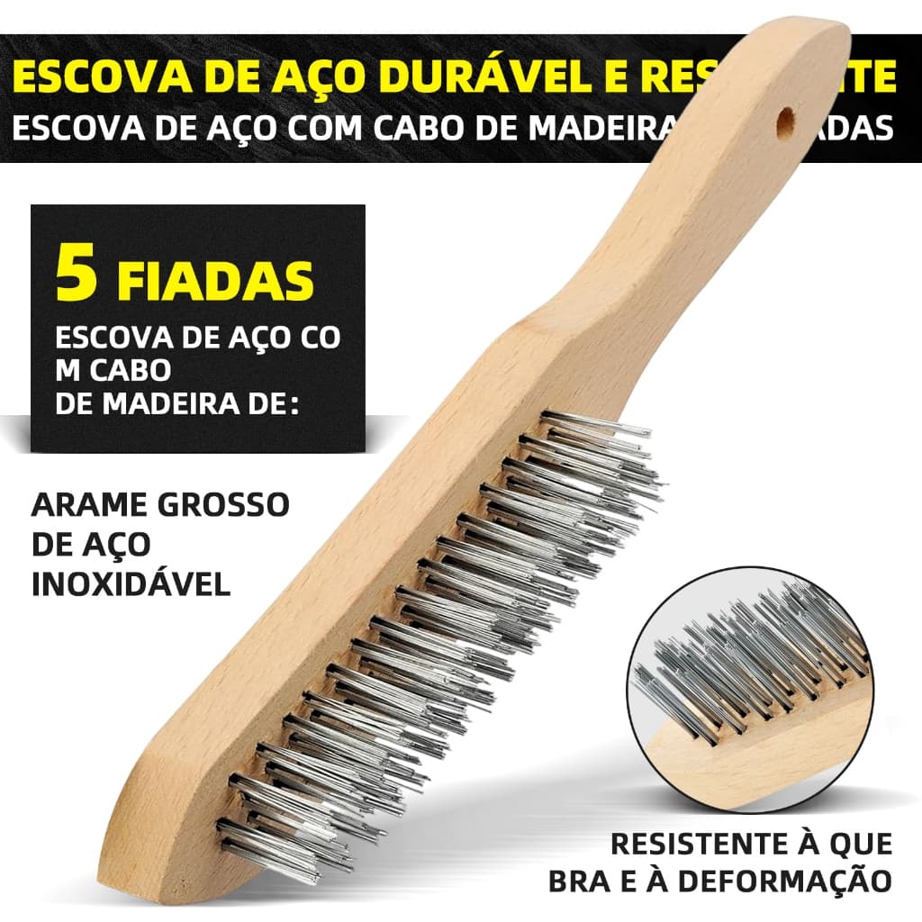 Escova de aço com cabo de madeira para remoção de ferrugem e manchas. Multifuncional.