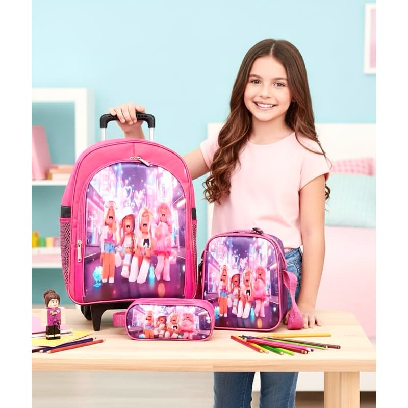 Mochila Rodinhas Roblox Girl Menina Lancheira Estojo