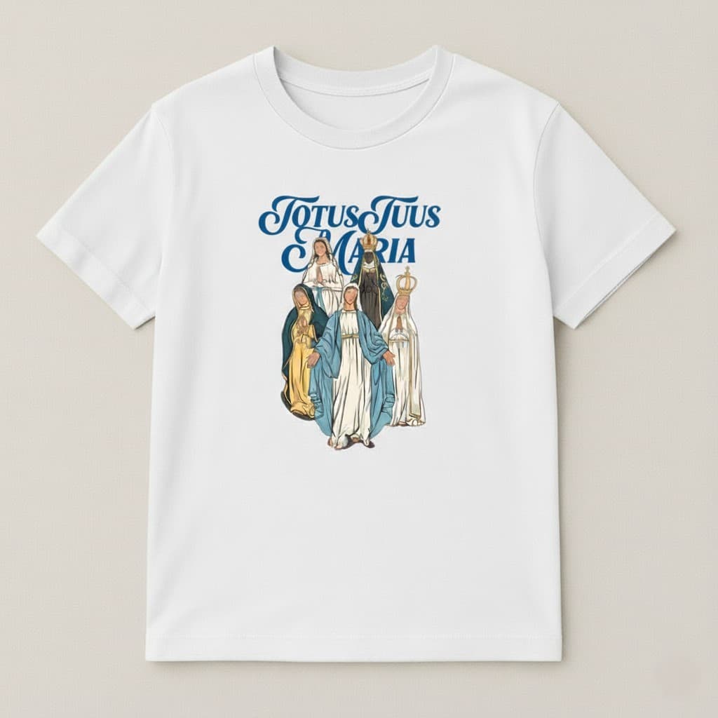 Camiseta Católica Adulto Unissex e Infantil Juvenil Totus tuus Maria 100% Algodão - Lançamento
