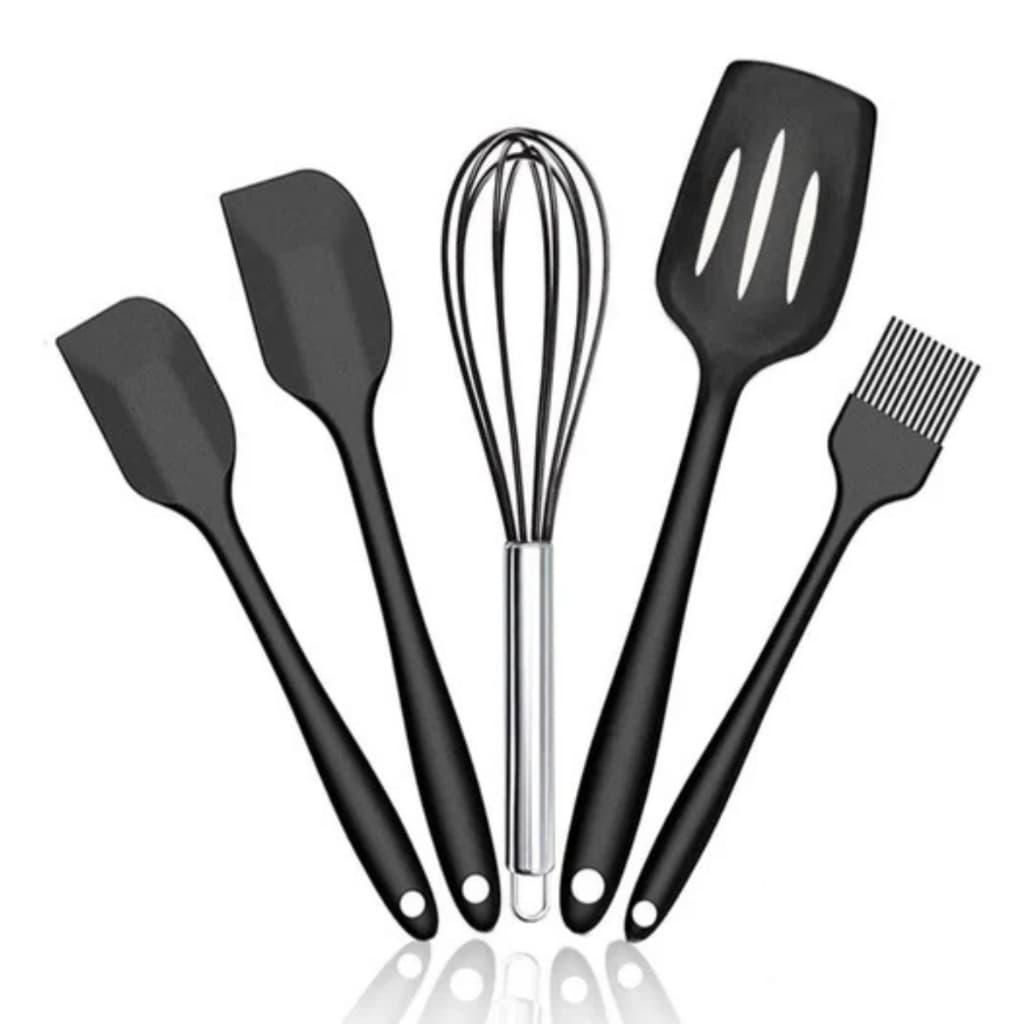 Kit 5 Utensílios Silicone Cozinha Resistente Espátulas Fouet Preto/Rosa/Vermelho