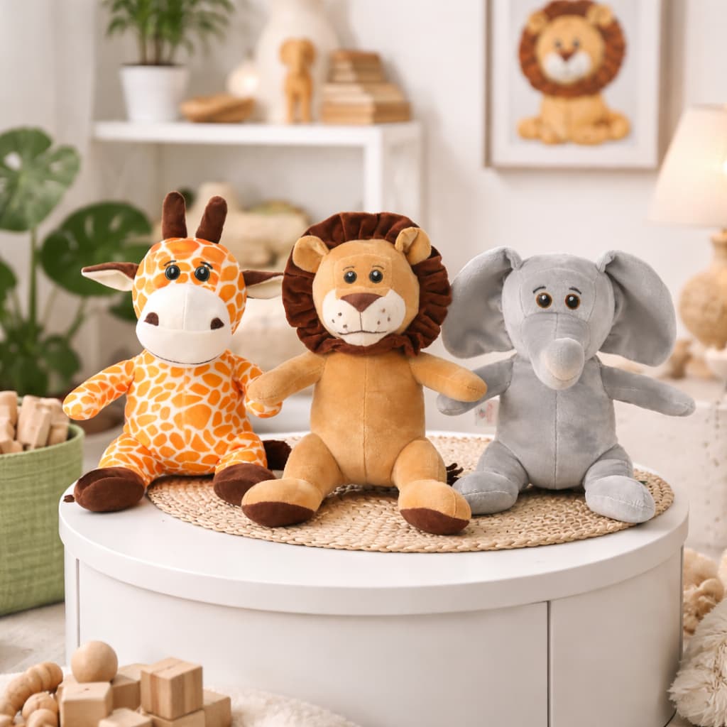 Trio de Urso de Pelúcia Safari Bicho de Pelúcia Safari Leão Elefante Girafa