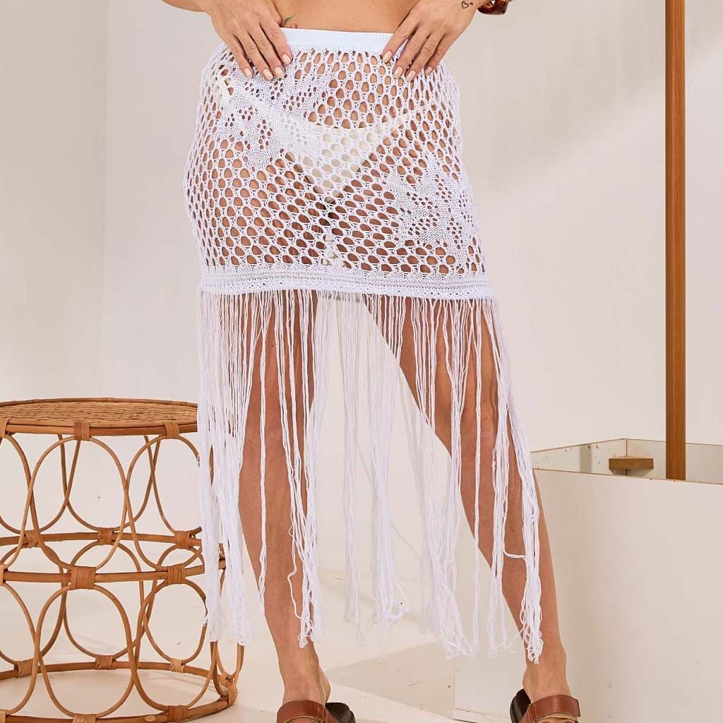 Saia Feminina Tricot Saída de Praia Franja Furadinha Curta Verão Crochê Moda Biquini Beachwear