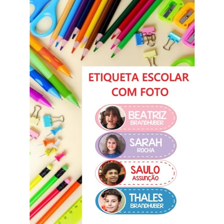 Kit 85 etiquetas com fotos para material escolar resistente à água