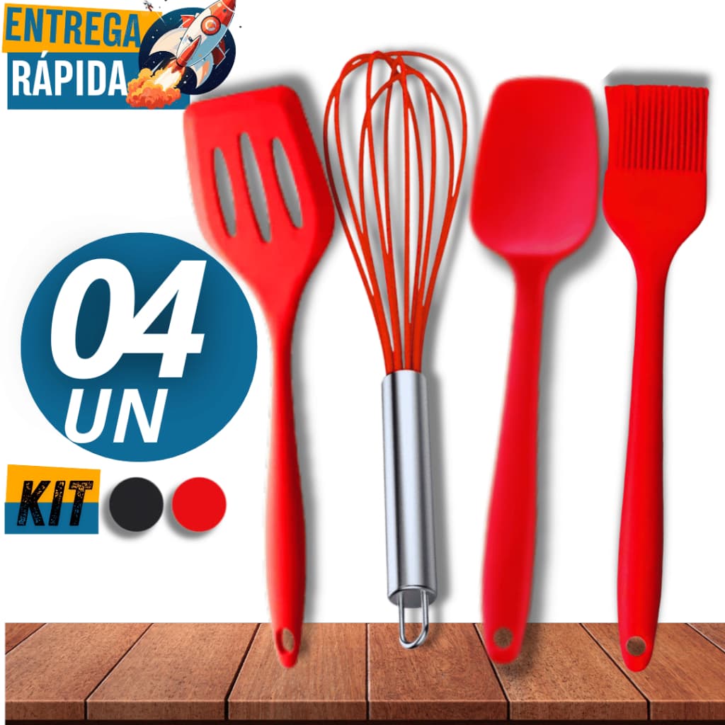 Kit 4 Utensílios de Silicone Para Cozinha Completo Vermelho e Preto de Alta Qualidade Pincel Espátulas Multiuso Batedor
