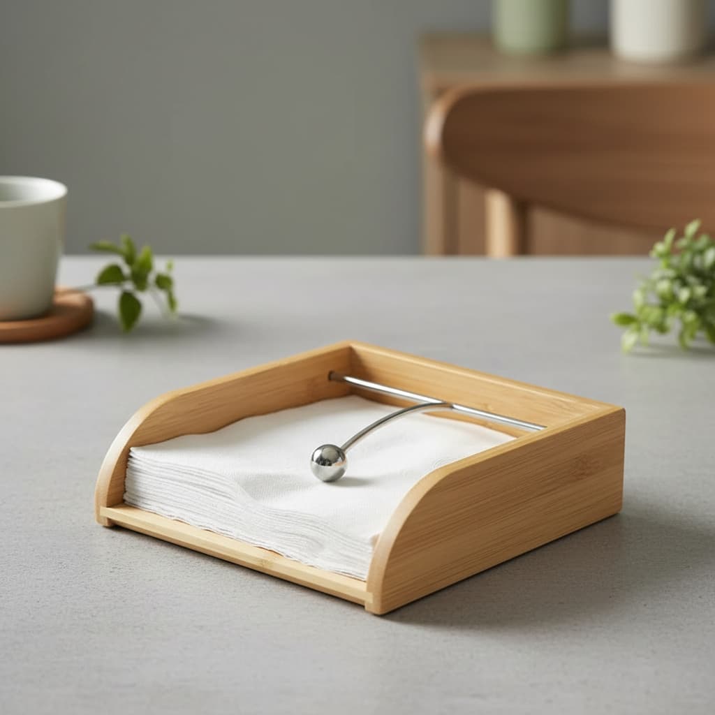 Porta Guardanapo de Bambu Grande Com Peso Pêndulo 19X19X6 cm Mesa Posta Cozinha Não Voa OU