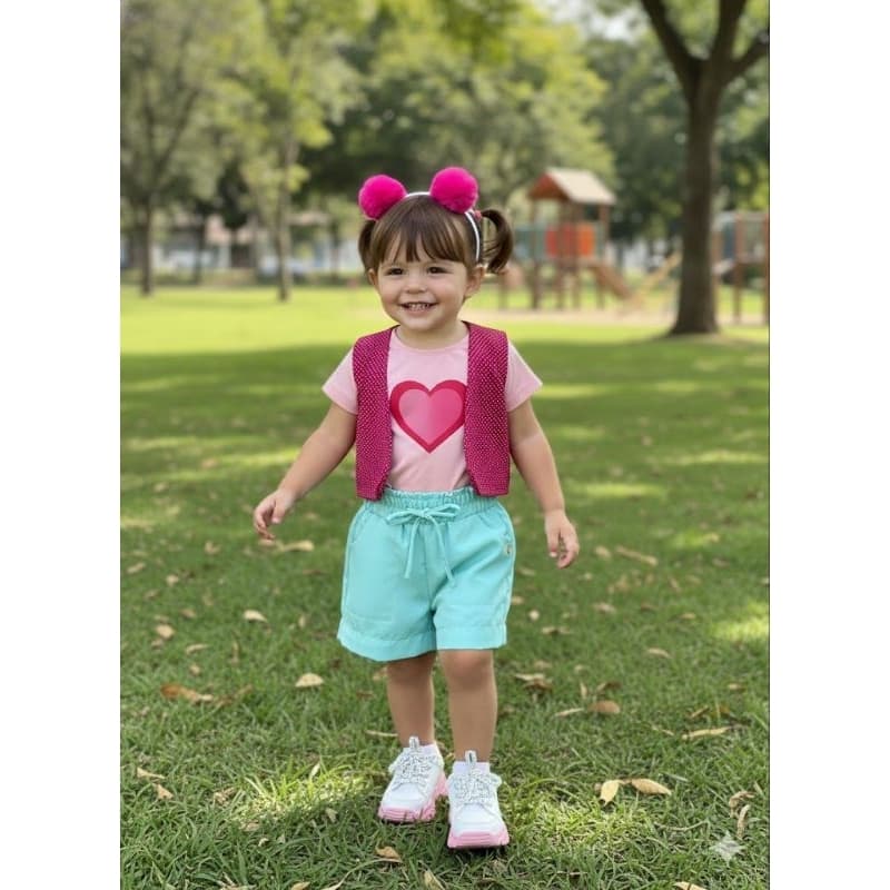 Roupa moda feminina MC e JP Conjunto infantil Tiara, Colete, Jaqueta, Blusa e short, menina verão