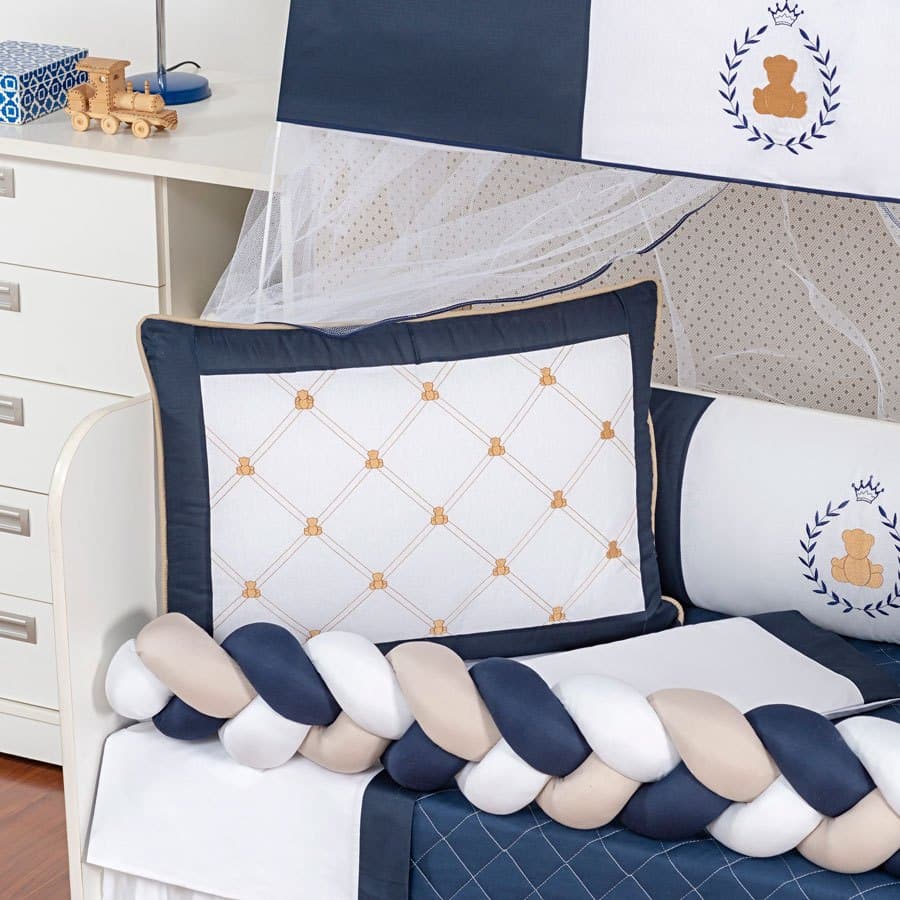 Kit Berço Urso Príncipe  Azul Marinho Menino Trança 11 Peças com Saia Luxo