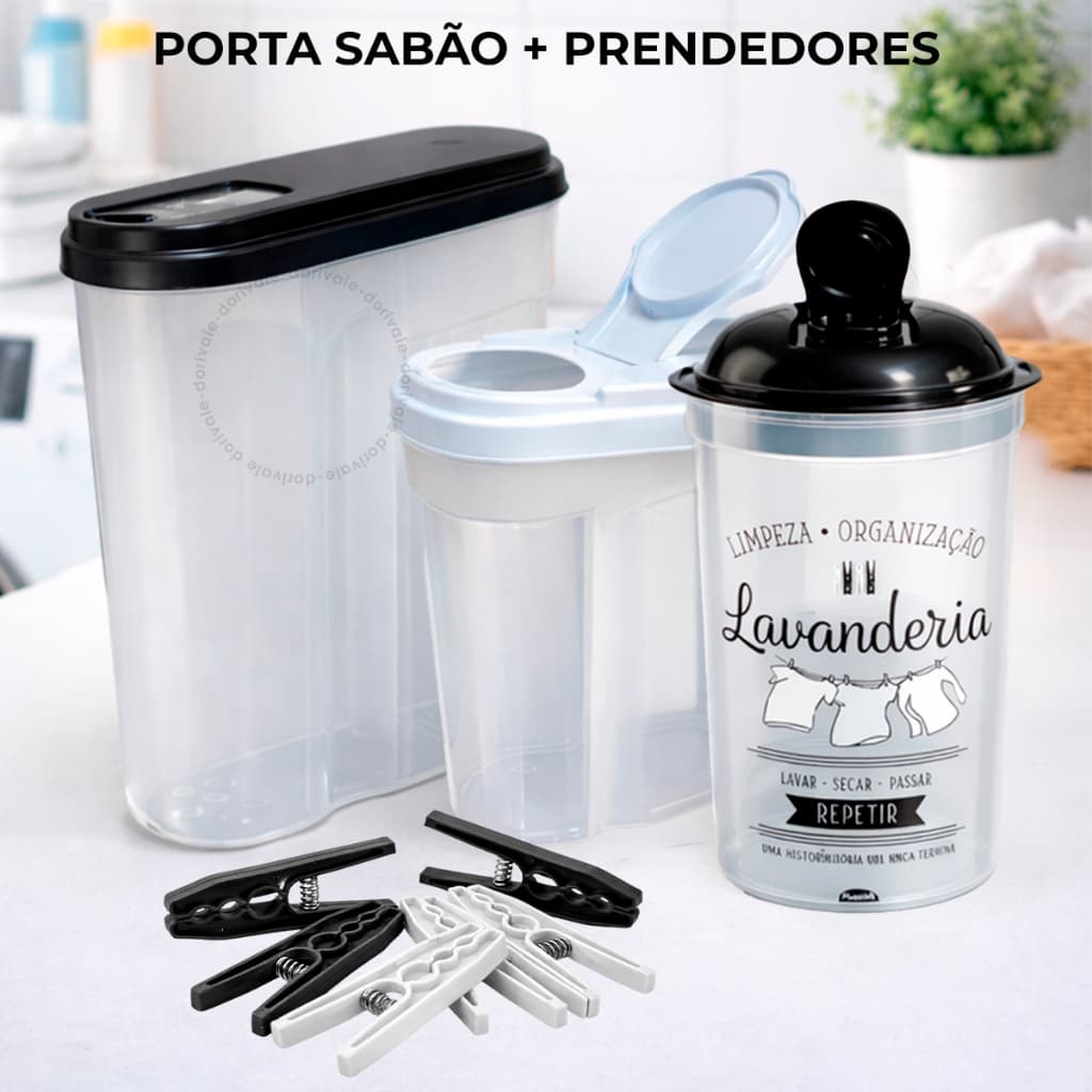 Dispenser Organizador + 24 Prendedores Lavanderia Porta Sabão em Pó Com Dosador Lavanderia