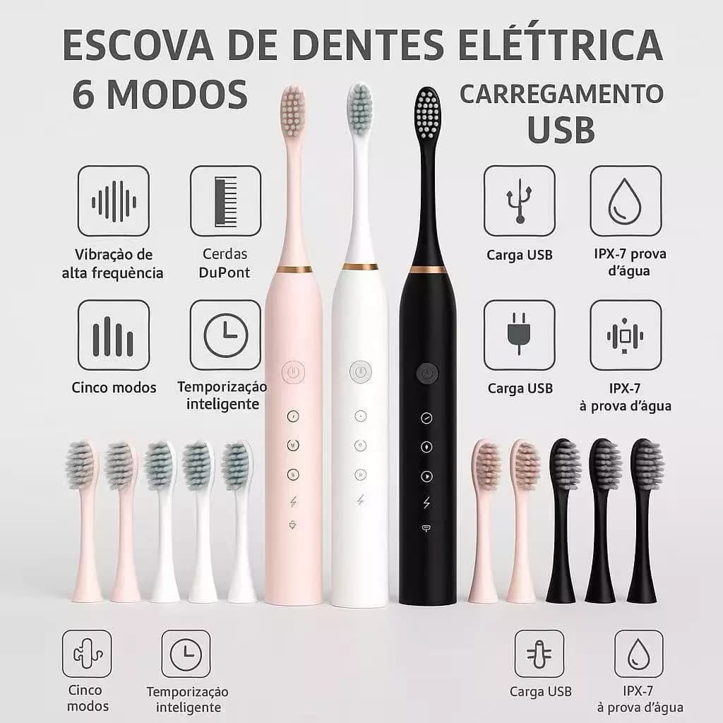 Escova de dentes elétrica recarregável acompanha 4 cabeças de escova substituíveis e cabo de dados