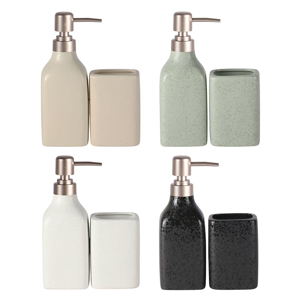 Kit Banheiro Luxo Cerâmica Resistente 2 Peças Porta Sabonete Líquido Copo Multiuso