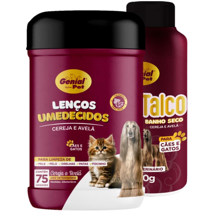 Kit Banho Seco Talco e Lenço para Cães e Gatos