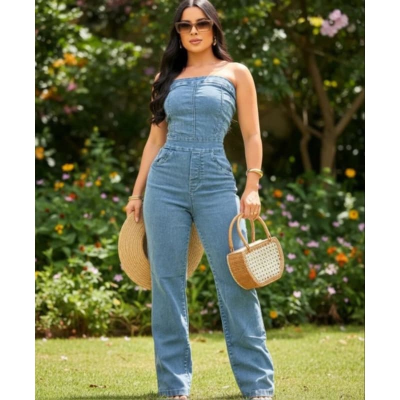 Macacão Flare Plus Size Jeans Feminino com laycra Tomara que Caia Promoção 36/38/40/42/44/46/48