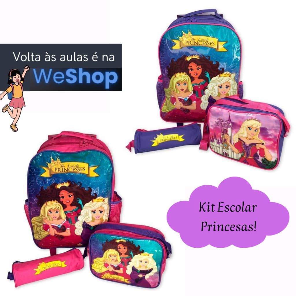 Kit Escolar Infantil 3 Peças Mochila+Lancheira+Estojo Princesas Meninas
