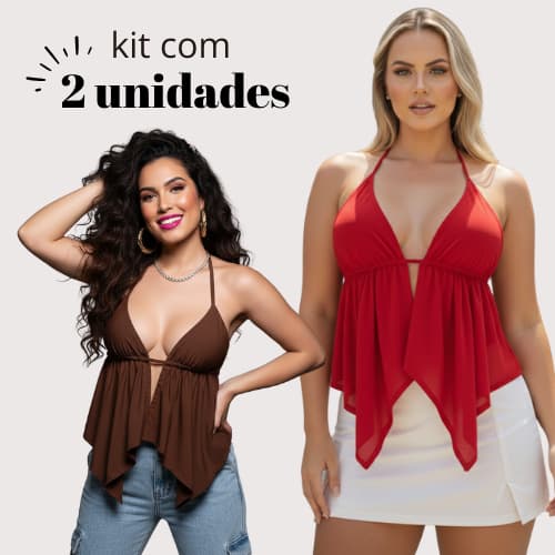 Kit 2 croppeds top blusa cortininha cropped feminino malibu tendência boho moda gringa