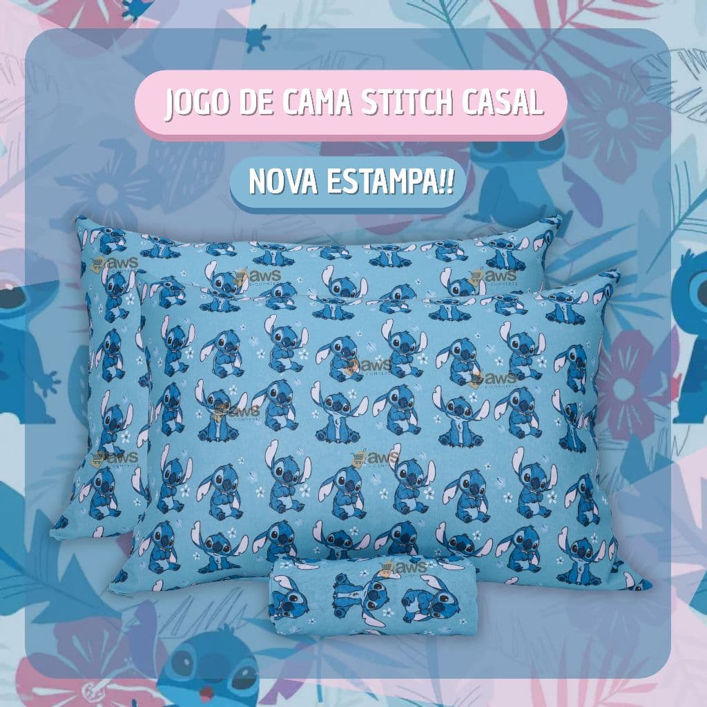 Jogo de Cama Algodão Casal Stitch Elástico Infantil Juvenil Lençol Azul Fronha Lençol Portallar 3pçs