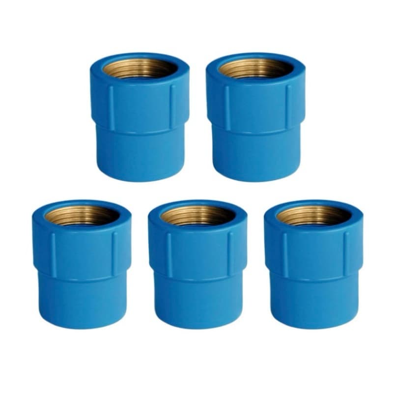 Kit com 5 Luva AZUL PVC 3/4 x 3/4 ou 3/4 x 1/2 Conexão Soldável com Rosca de Metal Rosqueável Roscável Latão Cola