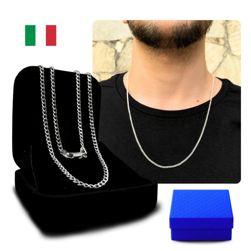 Corrente Grumet 2mm Prata 925 Legítima 60cm Colar Masculino Fina Escamado Caixinha
