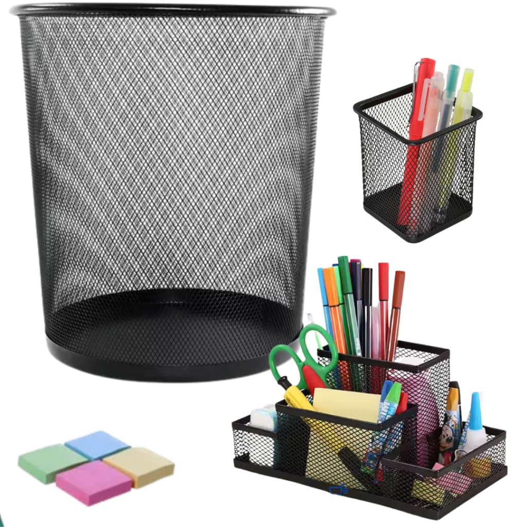Kit Organizador De Escritório Preto Porta Treco Caneta Lixo