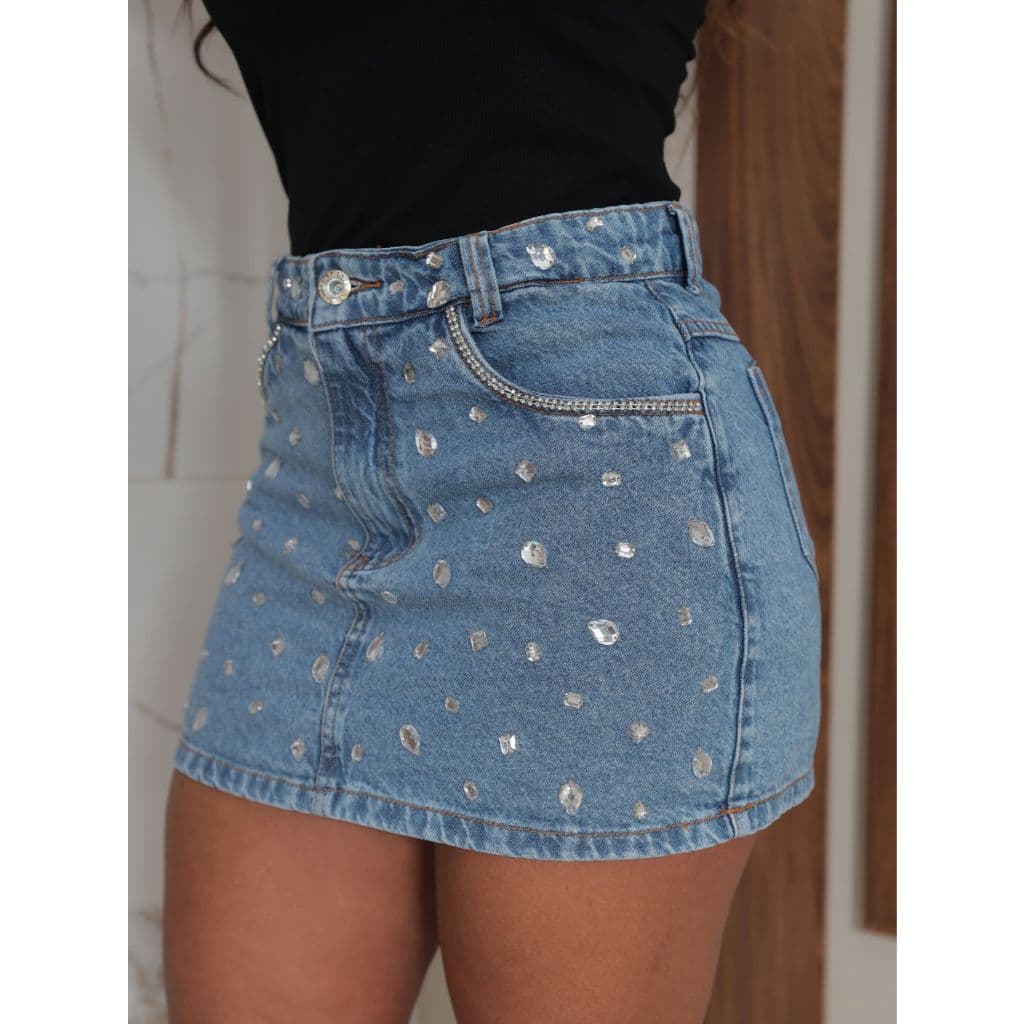 Mini Saia Jeans Brilho Feminina Com Strass