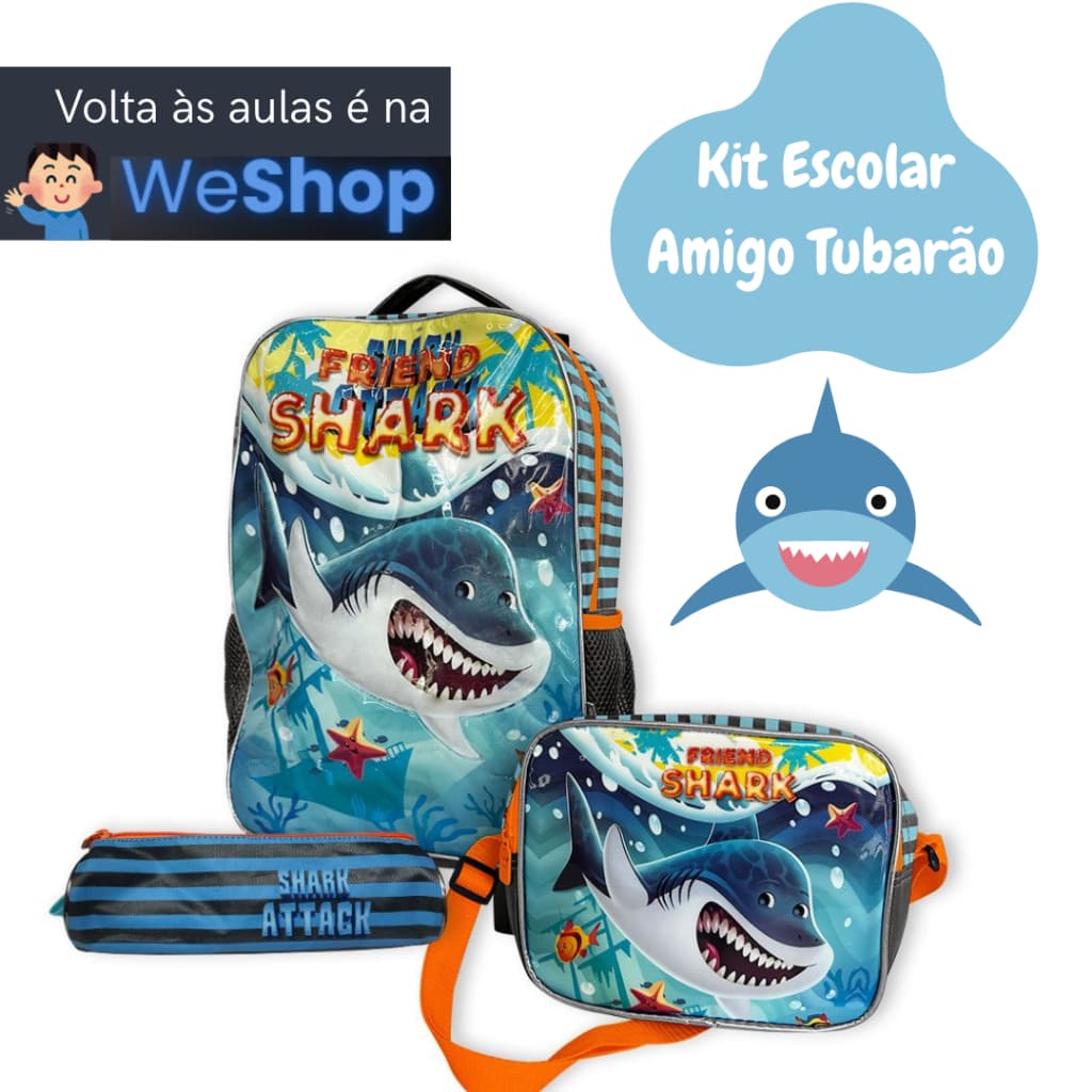 Kit Escolar Infantil Amigo Tubarão Mochila + Lancheira + Estojo Menino