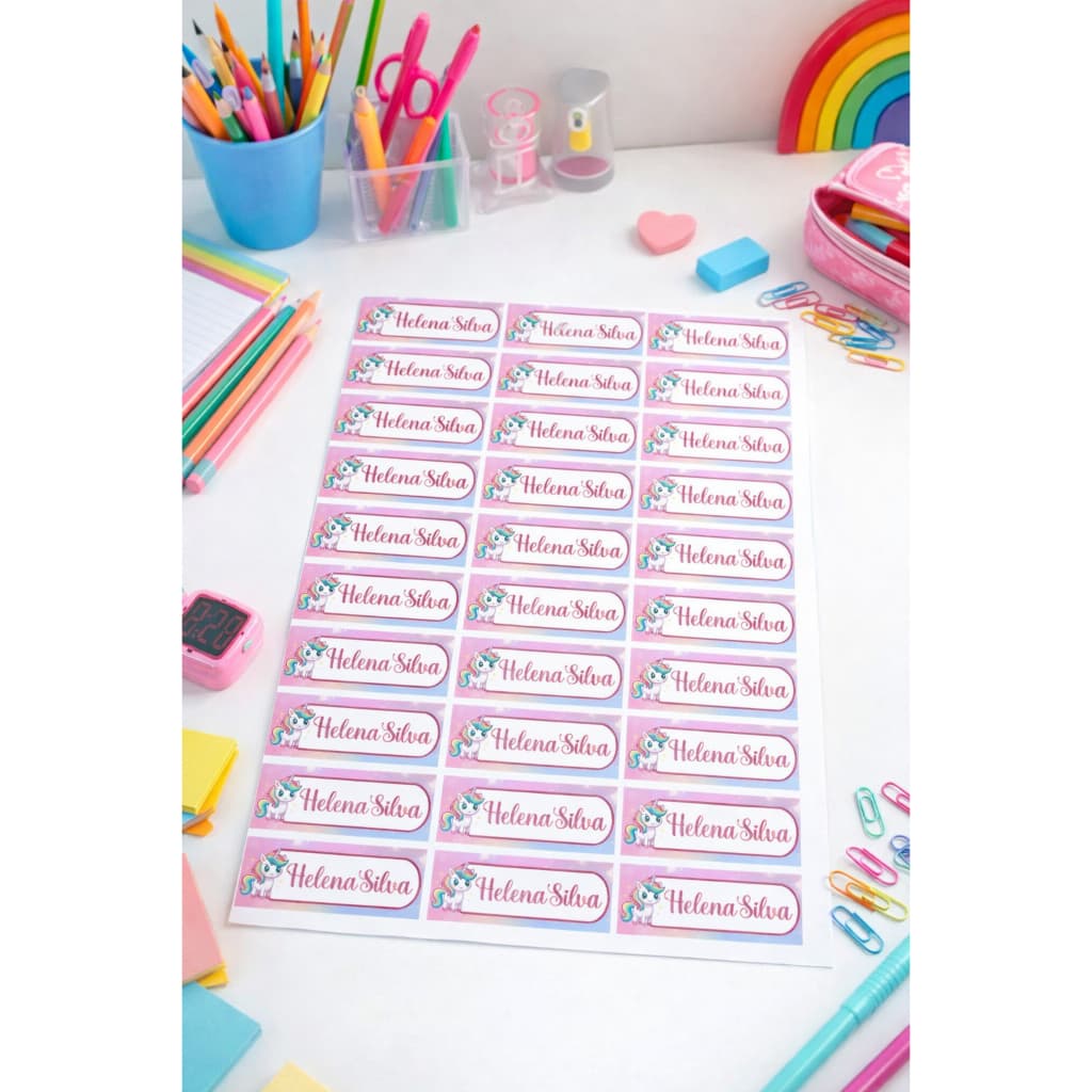 kit 79 etiquetas escolares unicórnio/ adesivos personalizados para material escolar