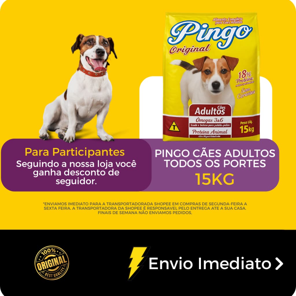Ração P/Cães Adultos PINGO 15kg Crocante e Saborosa Sem Corantes e Econômica - Envio Imediato
