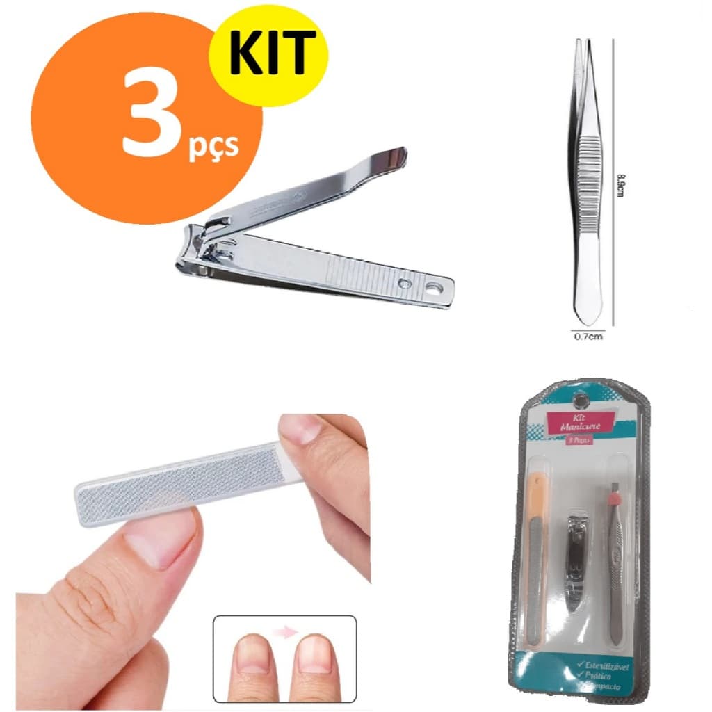 Kit Manicure 3 Peças – Cortador de Unha, Lixa e Pinça Profissional