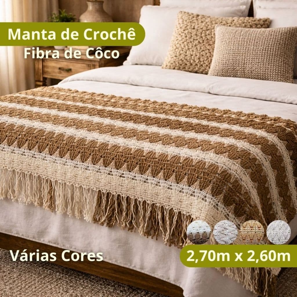 Manta de Crochê Fibra de Coco 2,70m x 2,60m Várias Cores Alta Qualidade