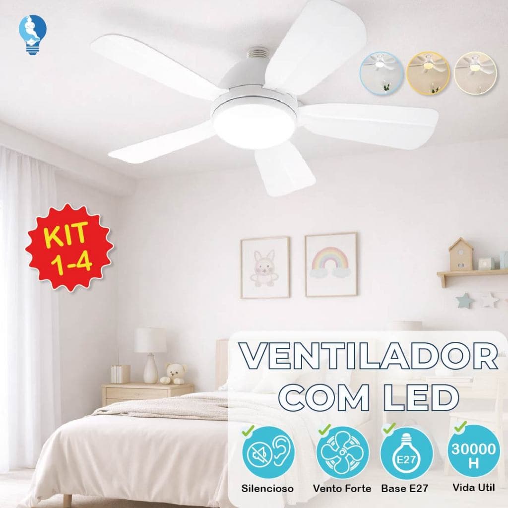 Ventilador de Teto PRO 80W ou 60W Super LED Lâmpada E27 Controle Remoto Luminária Economica de Energia 6 lâminas Bivolt