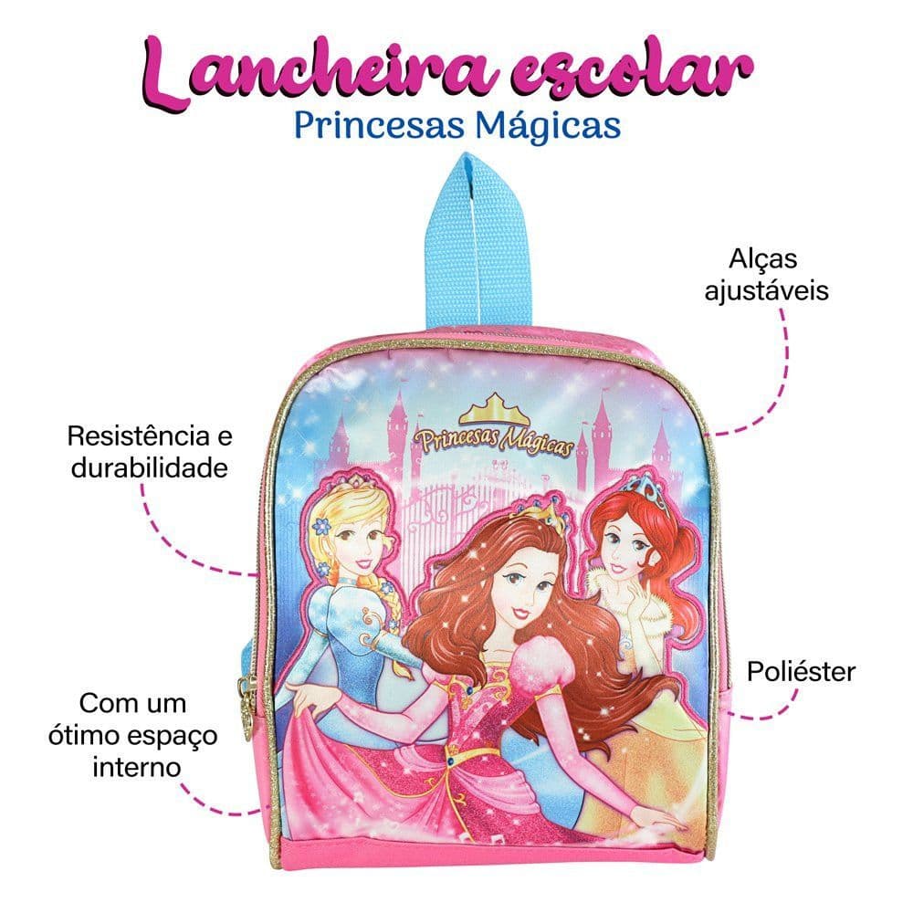 Lancheira Escolar Princesas Mágicas termica escolar aulas creche infatil princessa rosa de costas linda promoção