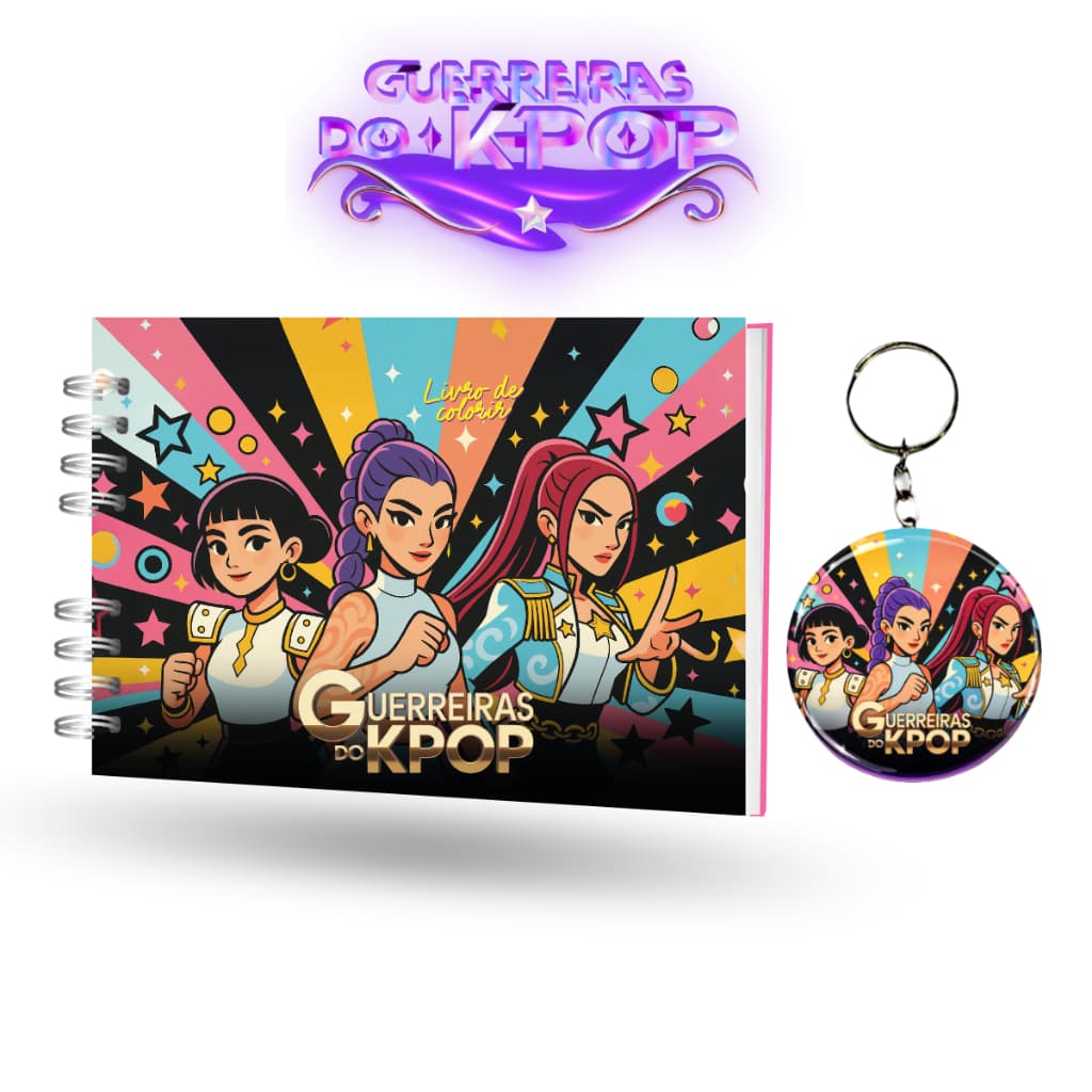Livro de Colorir Guerreiras do K-Pop | 50 Desenhos Fofos | Personalizado com Nome | Estilo Goods | Com Chaveiro Botons