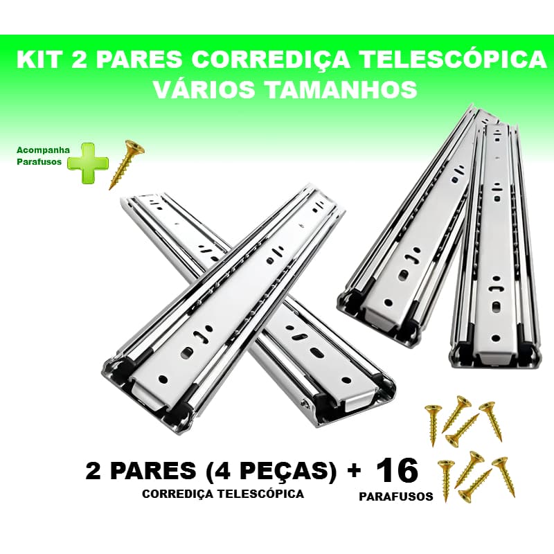 Kit 2 Pares Corrediças Telescópicas Light Gaveta Trilho Com Parafusos 25/30/35/40/45/50cm Renna