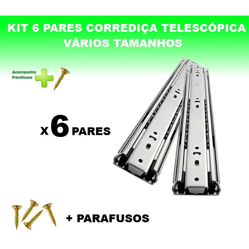 Kit 6 Pares Corrediças Telescópicas Light Gaveta Trilho Com Parafusos 25/30/35/40/45/50cm Renna
