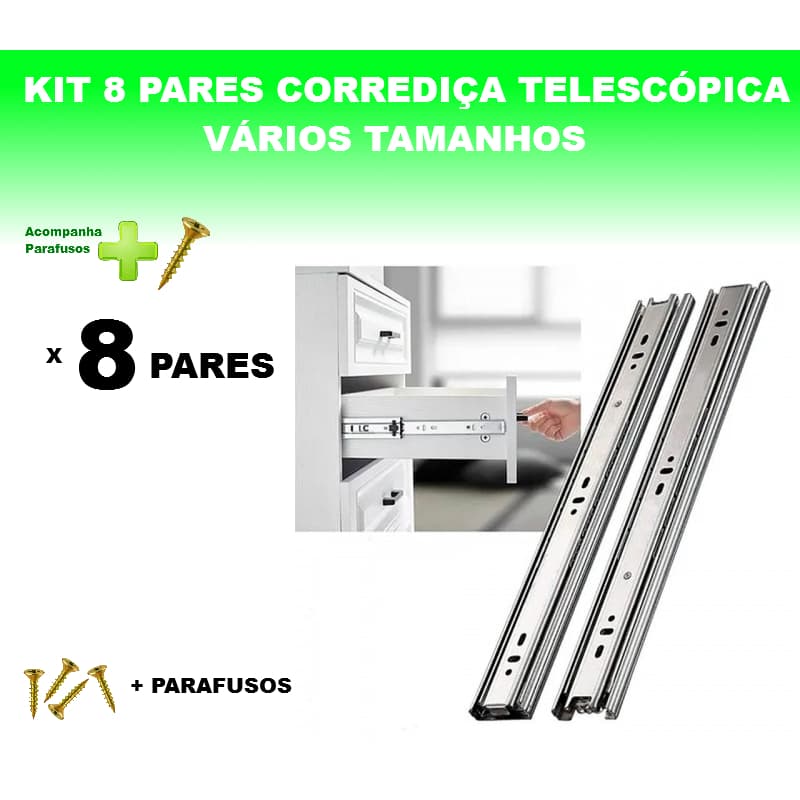 Kit 8 Pares Corrediças Telescópicas Light Gaveta Trilho Com Parafusos 25/30/35/40/45/50cm Renna