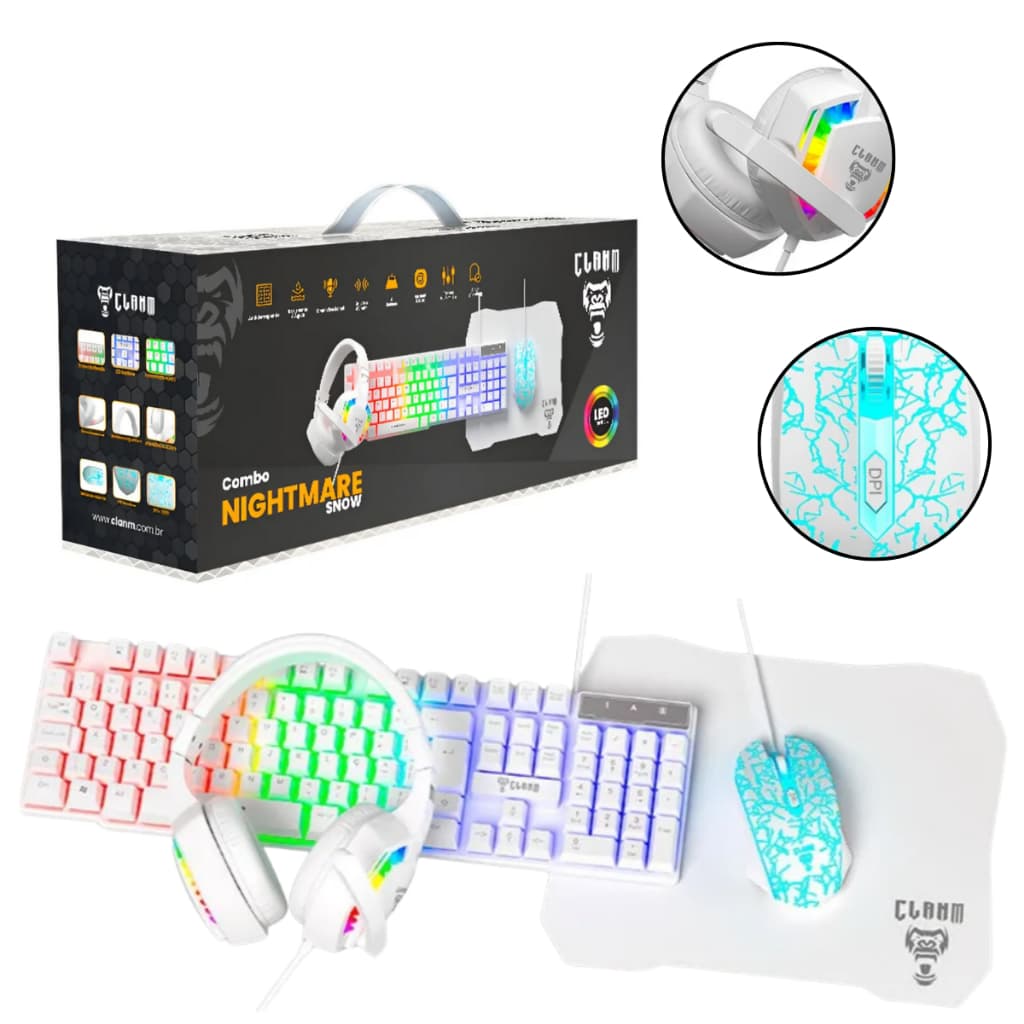 Kit Combo Gamer Teclado Semi Mecanico Mouse 3600 DPI Headset Mousepad Led Rgb Snow Branco ENVIO MESMO DIA ÚTIL