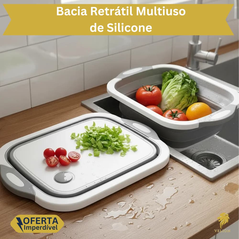 Bacia Retrátil Multiuso Média Silicone Portátil Escorredor Louça Tábua Corte Balde