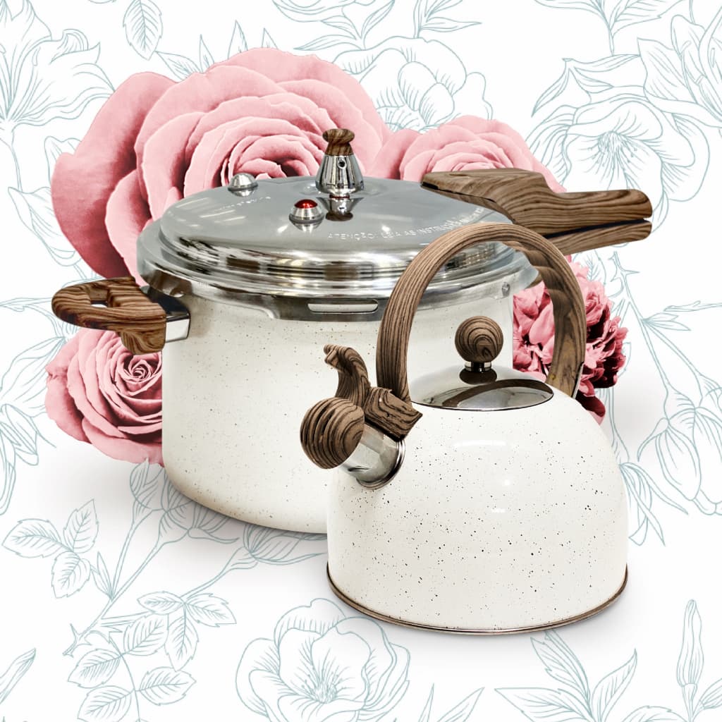 Panela de Pressão Cerâmica 6.8L Mimo Style Reforçada + Chaleira Vintage 2PC