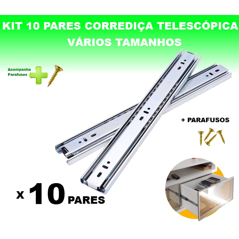 Kit 10 Pares Corrediças Telescópicas Light Gaveta Trilho Com Parafusos 25/30/35/40/45/50cm Renna