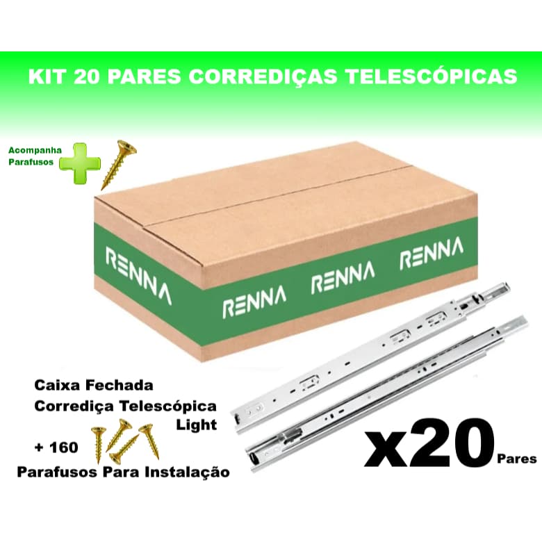 Kit 20 Pares Corrediças Telescópicas Light Gaveta Trilho Com Parafusos 25/30/35/40/45/50cm Renna
