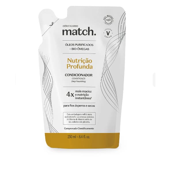 Match Nutrição Profunda: Refil Condicionador, Refil Shampoo e Refil Máscara. O Boticário.