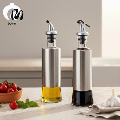 Galheteiro Feito em Aço Inox e Vidro com Bico Dosador 200ml Multiuso para Vinagre, Azeite e Pimenta