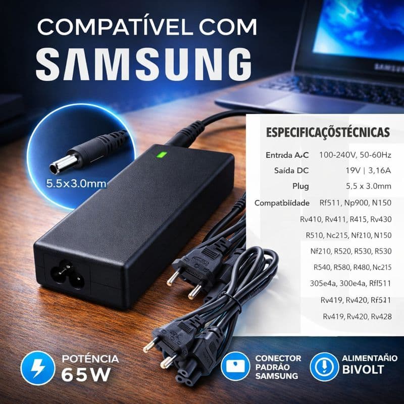 Carregador para Notebook Samsung 19V 3.16A 65W | Fonte Bivolt Automática com Alta Compatibilidade
