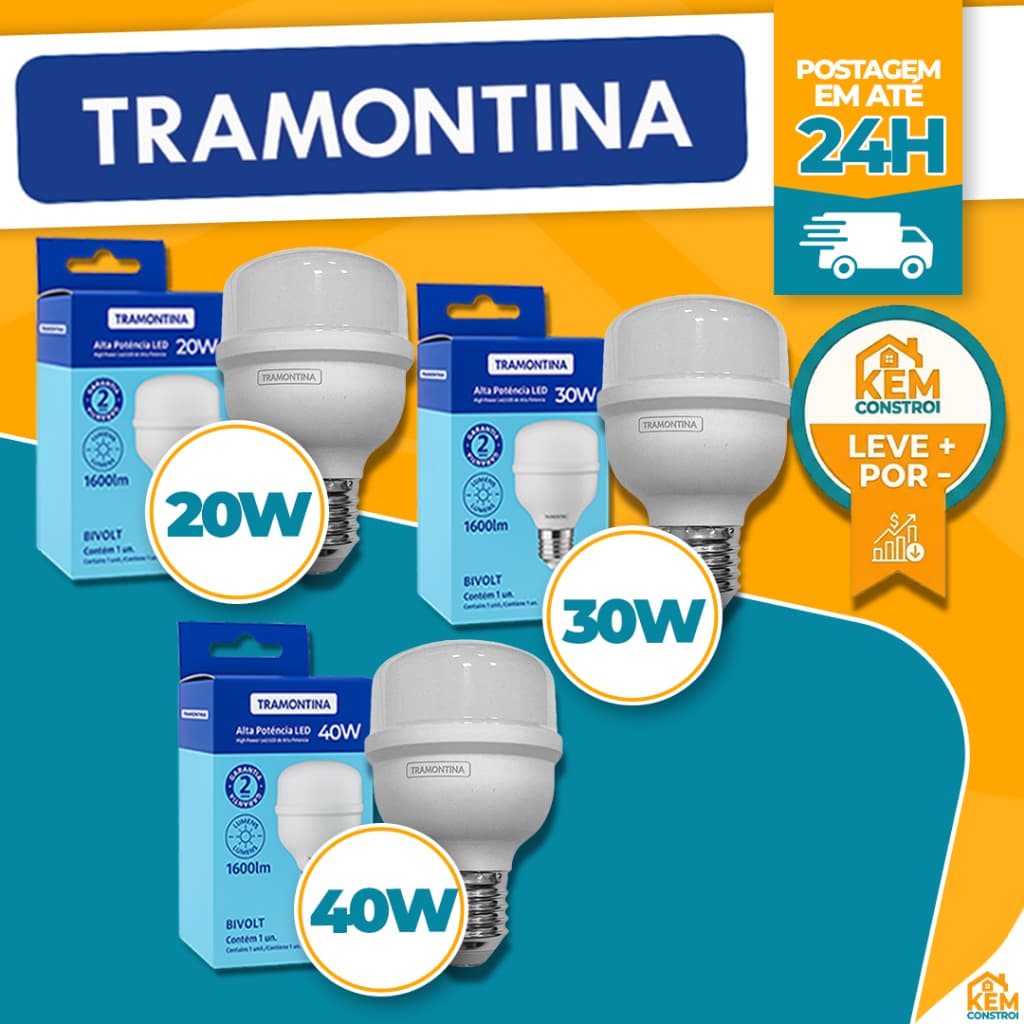 Kit Lâmpada LED Tramontina Alta Potência 20w/30w/40w E27 Bivolt Forte 6500K Luz Branco Frio