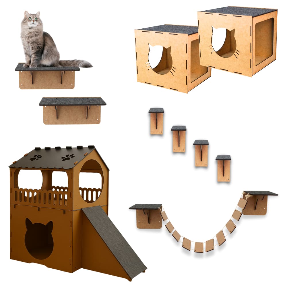 Playground Para Gatos 10 Peças Em MDF Casinha Nicho Arranhador