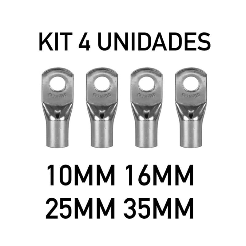 Kit 4 Terminal Olhal 10MM 16MM 25MM 35MM Ponteira Compressão Elétrica Cobre Fios Cabos Barramento Disjuntor Bateria