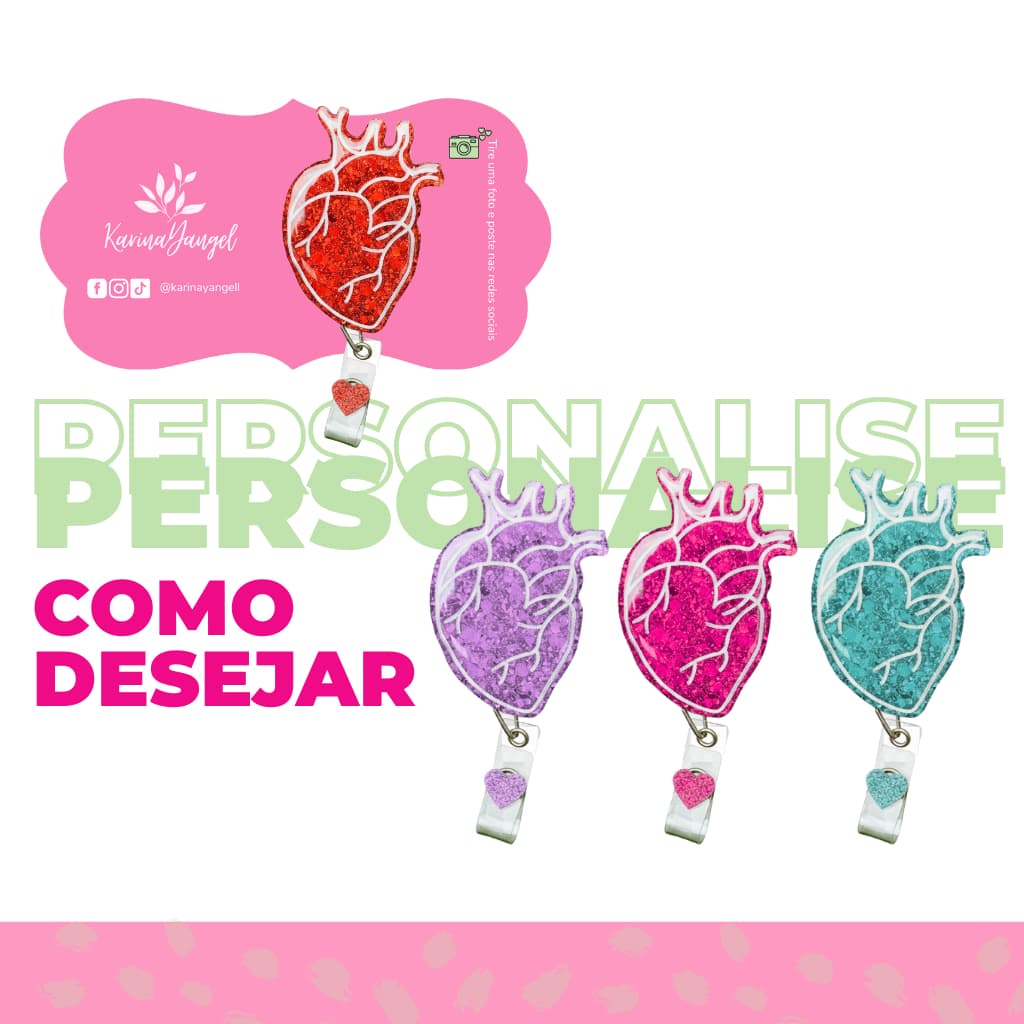 Porta Crachá Personalizado em Resina Coração – Roller Clip Retrátil com Brilho Roller Clip Button